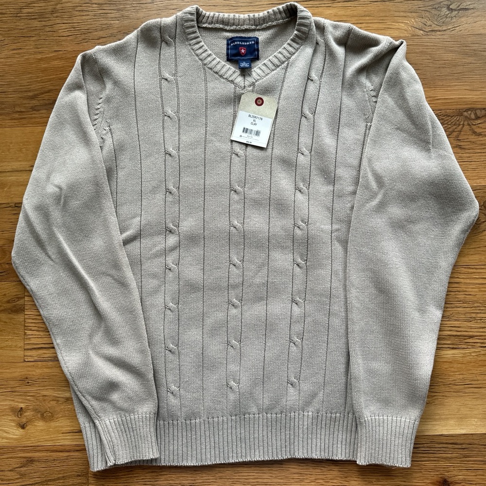 Saddlebred Men’s Beige V-Neck Cable Knit Sweater NWT